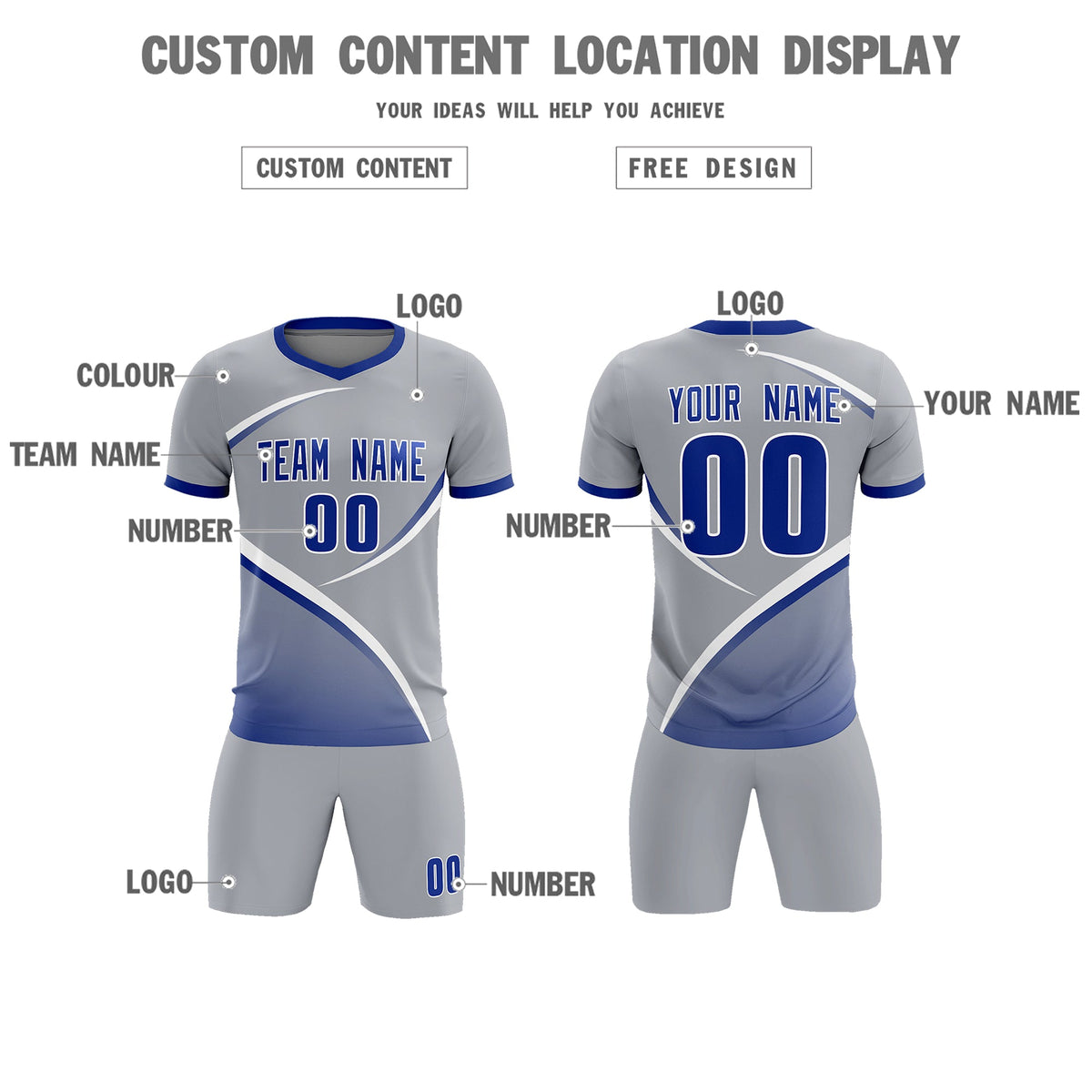 Custom Gray Royal Color Block Training Uniform For Men Football Kits Jersey