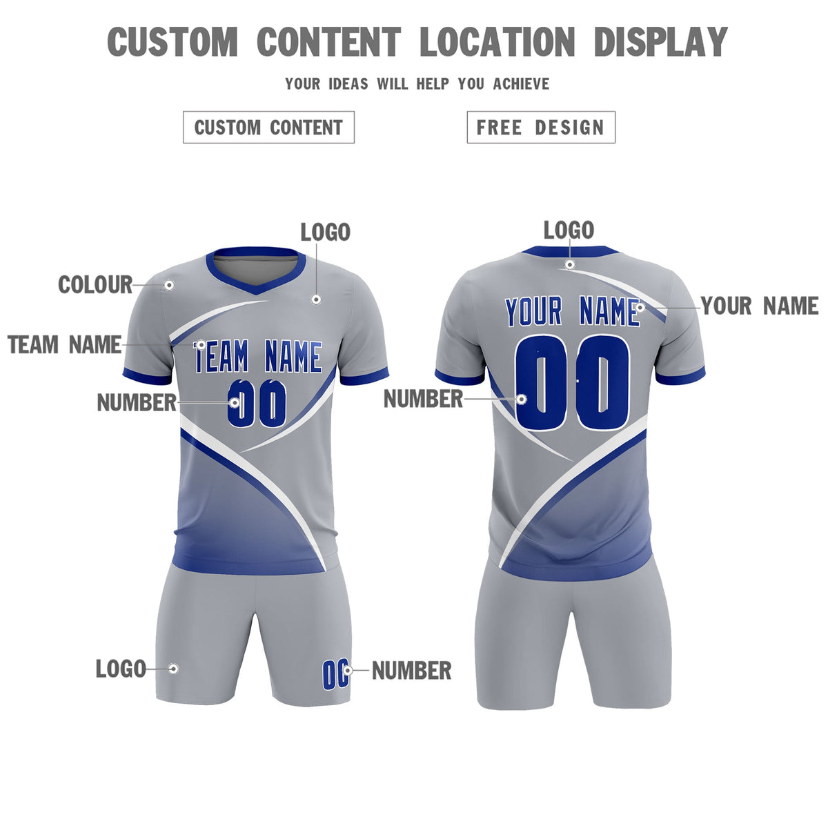Custom Gray Royal Color Block Training Uniform For Men Soccer Sets Jersey