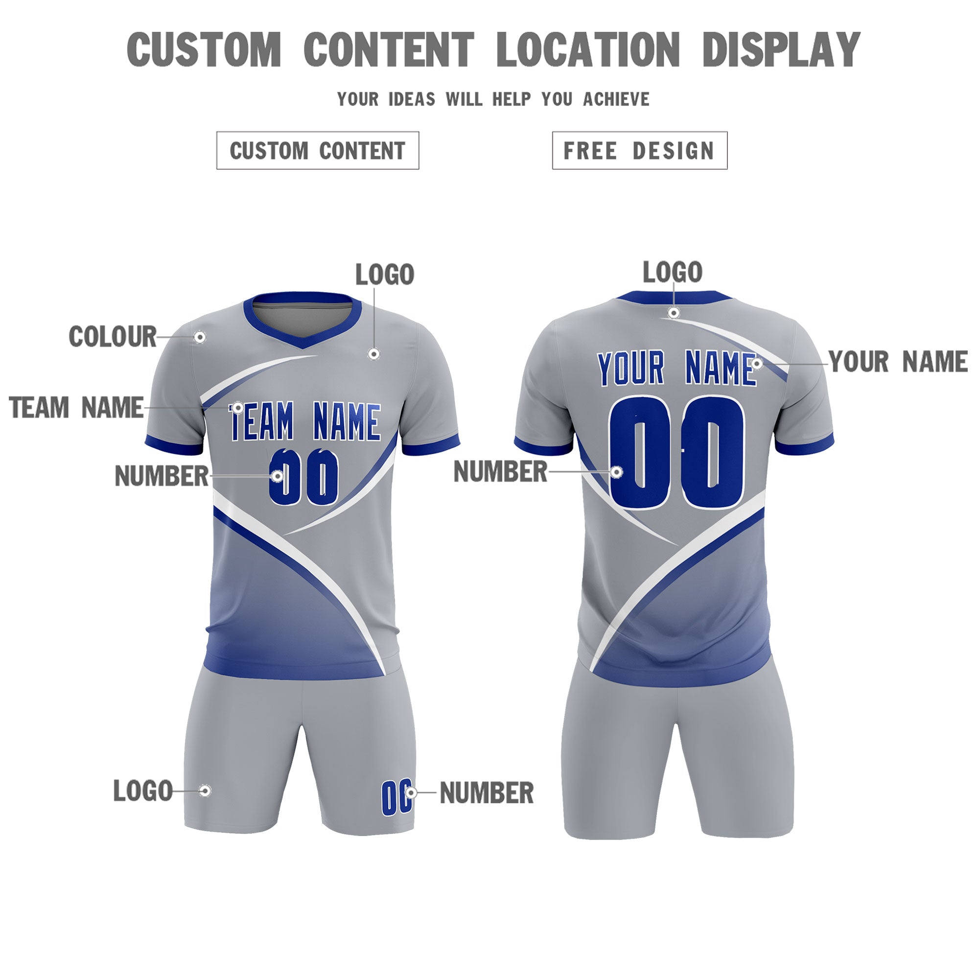 Custom Gray Royal Color Block Training Uniform For Men Soccer Sets Jersey