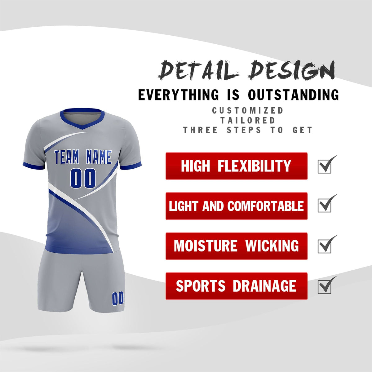 Custom Gray Royal Color Block Training Uniform For Men Football Kits Jersey