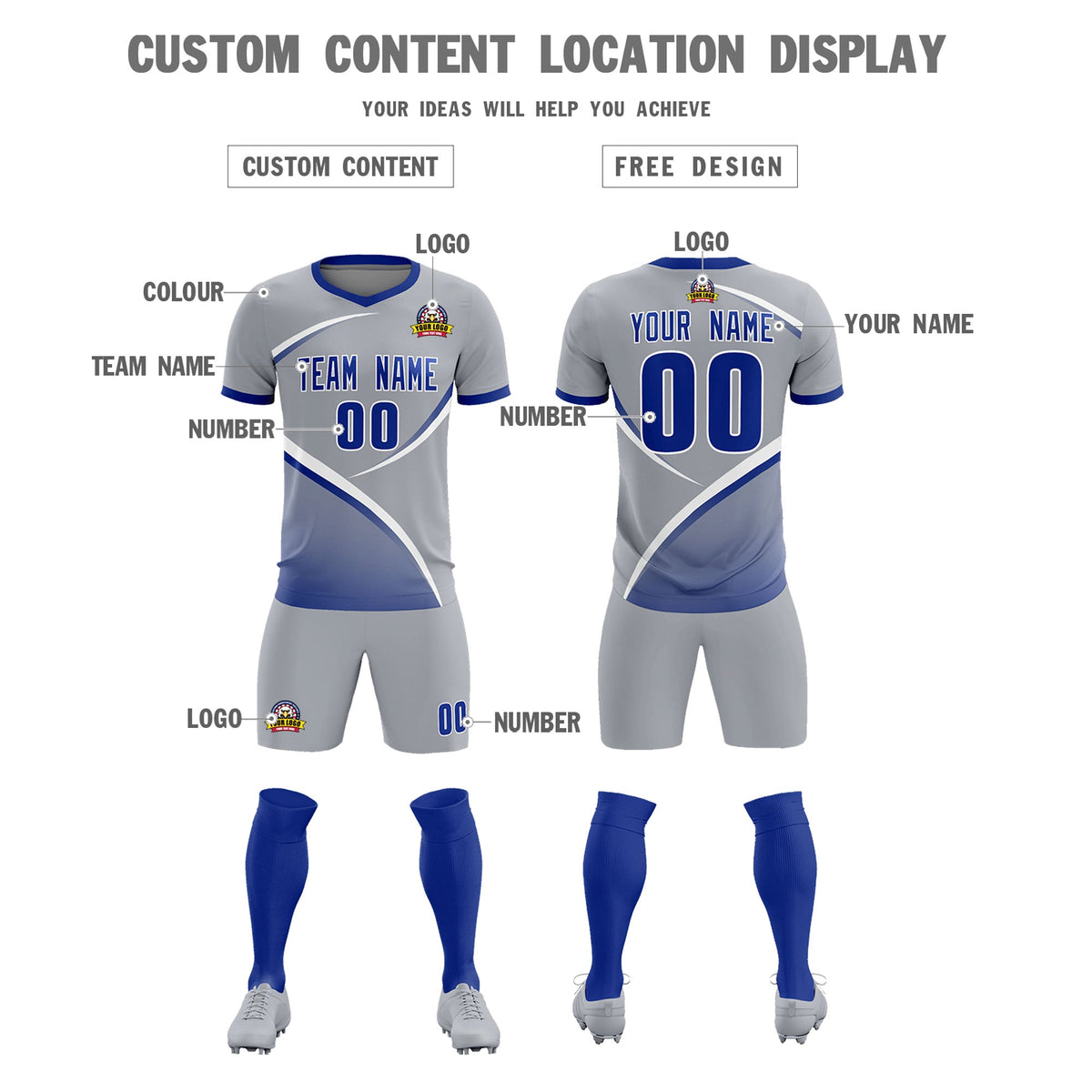 Custom Gray Royal Color Block Training Uniform For Men Football Kits Jersey