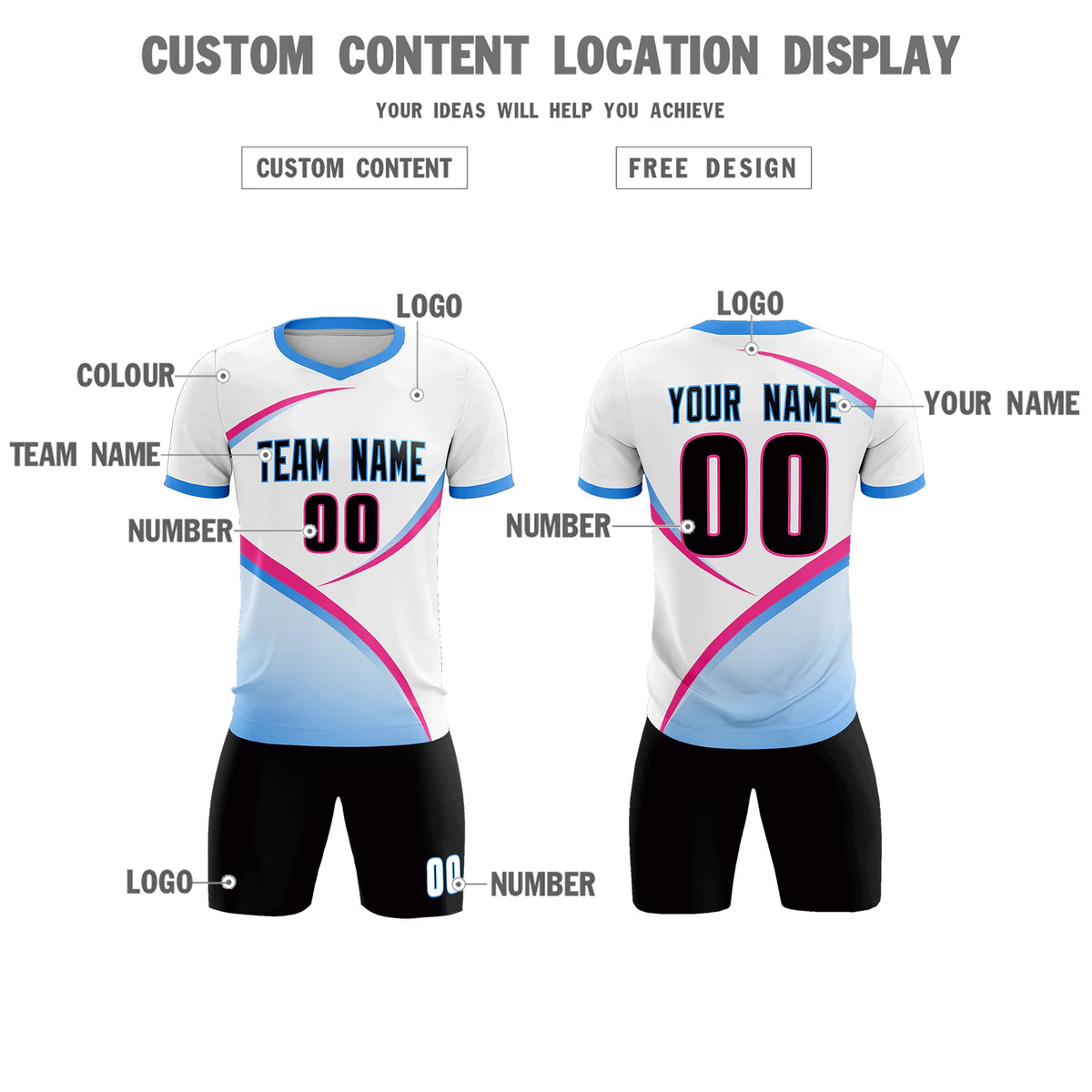 Custom White Powder Blue Color Block Training Uniform For Men Football Kits Jersey