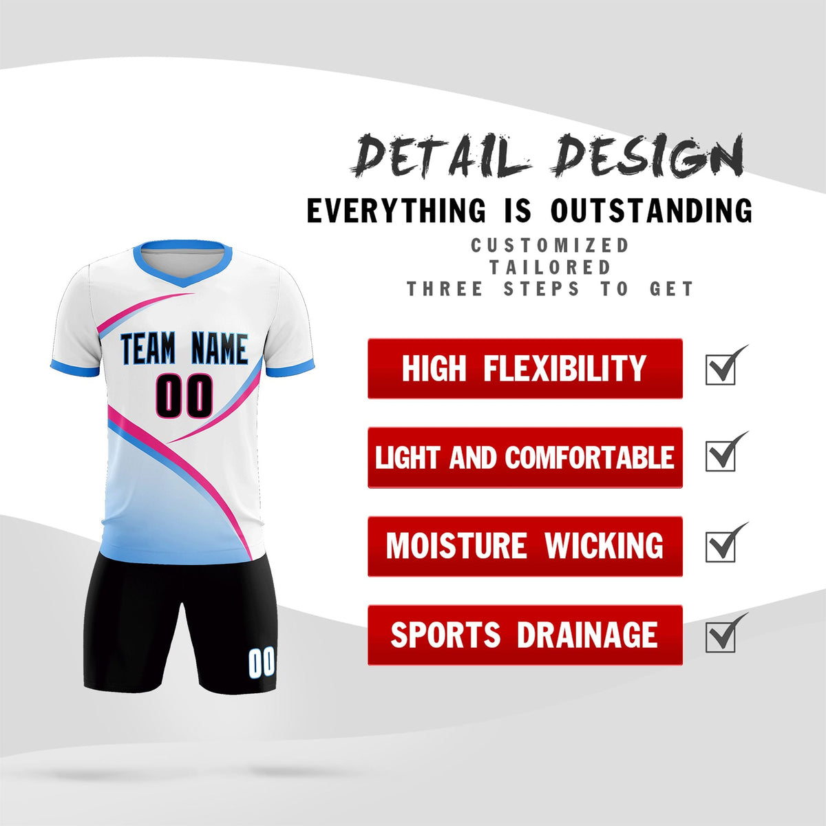 Custom White Powder Blue Color Block Training Uniform For Men Football Kits Jersey