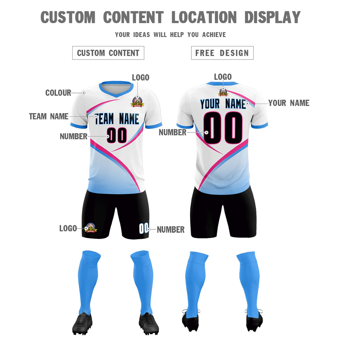 Custom White Powder Blue Color Block Training Uniform For Men Football Kits Jersey