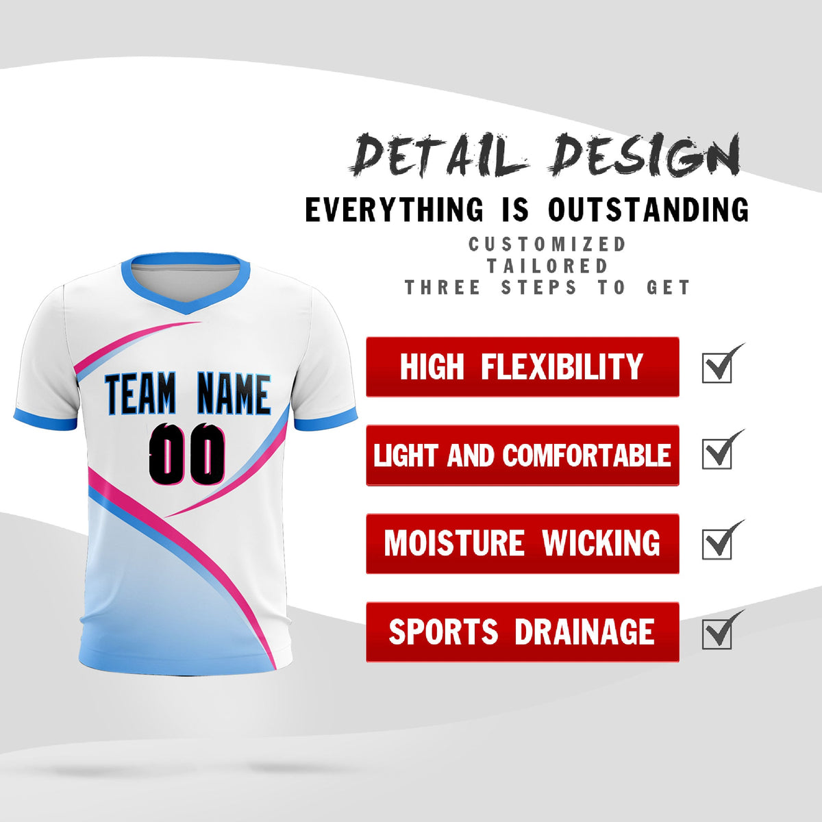 Custom White Powder Blue Color Block Training Uniform For Men Soccer Sets Jersey