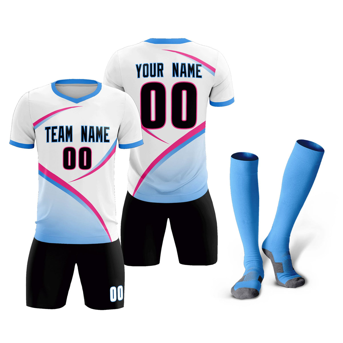 Custom White Powder Blue Color Block Training Uniform For Men Football Kits Jersey