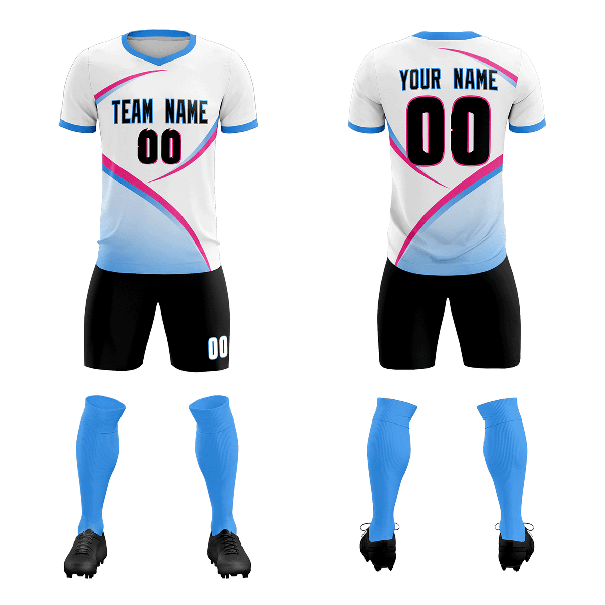 Custom White Powder Blue Color Block Training Uniform For Men Soccer Sets Jersey
