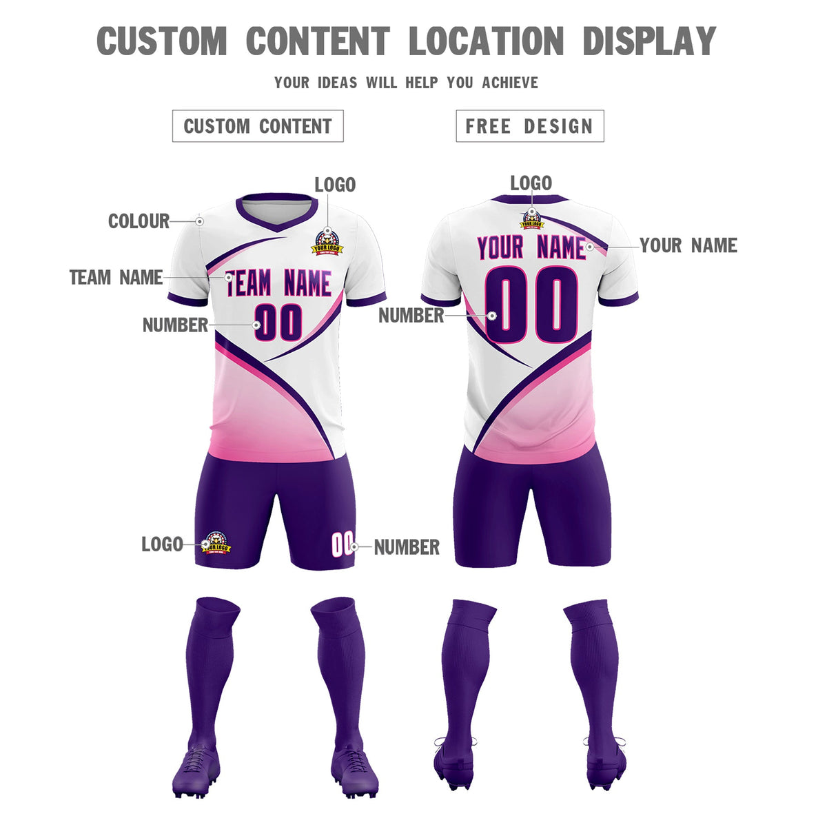Custom White Purple Color Block Training Uniform For Men Football Kits Jersey
