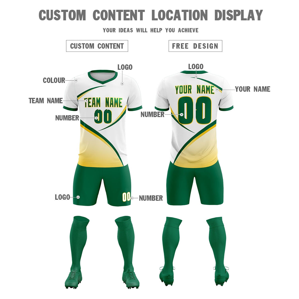 Custom White Kelly Green Color Block Training Uniform For Men Soccer Sets Jersey