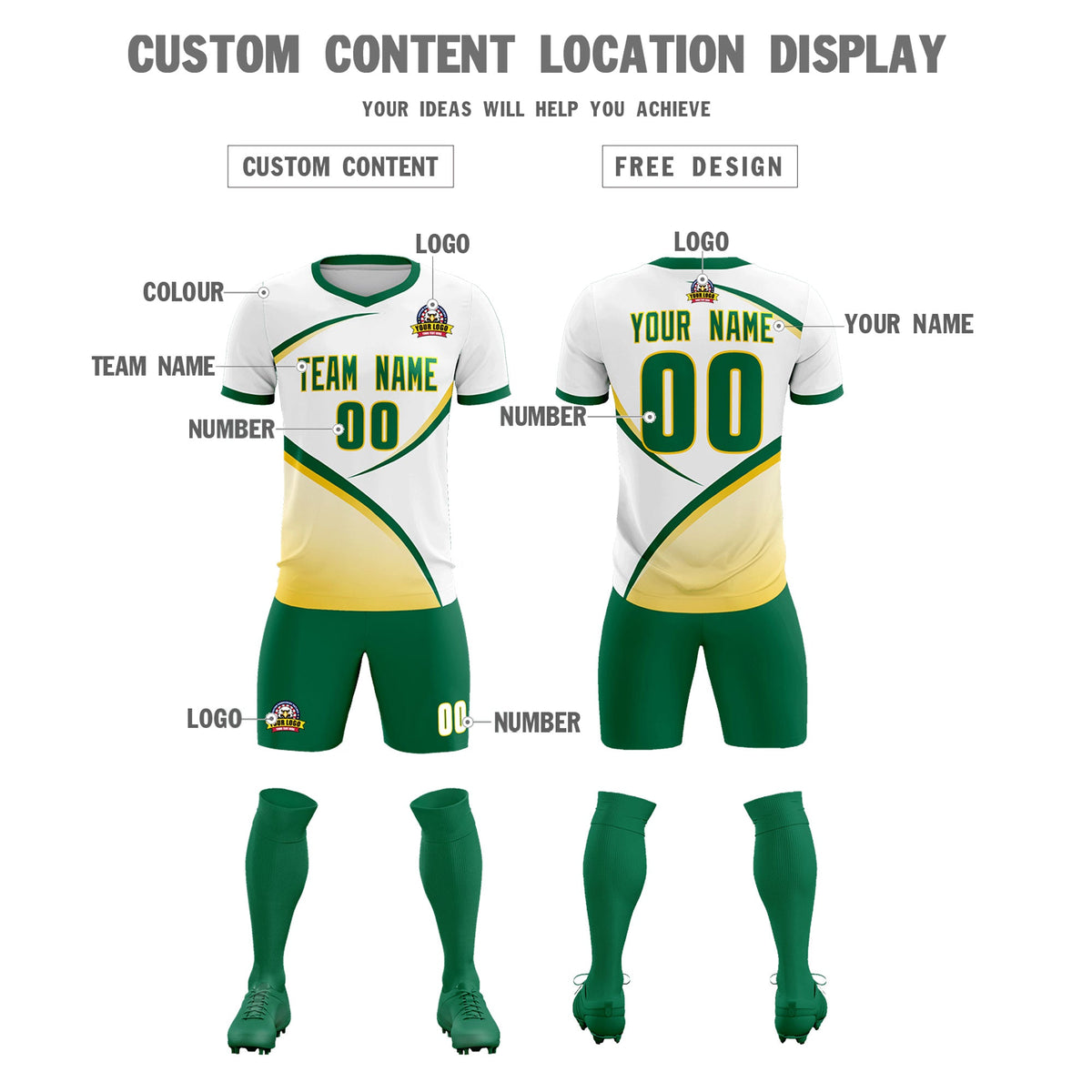 Custom White Kelly Green Color Block Training Uniform For Men Football Kits Jersey