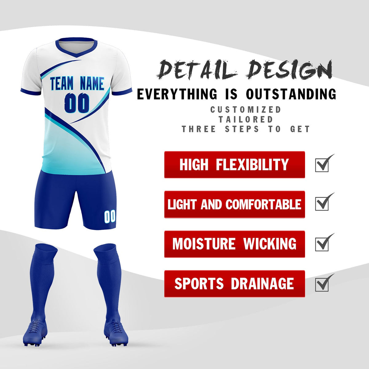 Custom White Sky Blue Color Block Training Uniform For Men Soccer Sets Jersey