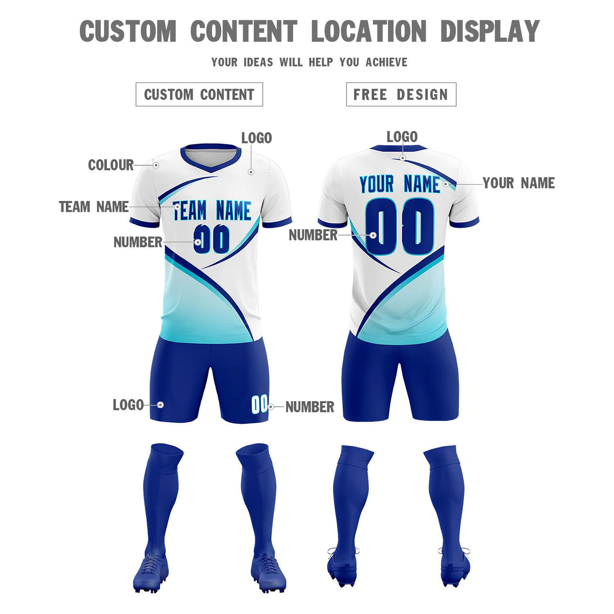 Custom White Sky Blue Color Block Training Uniform For Men Soccer Sets Jersey