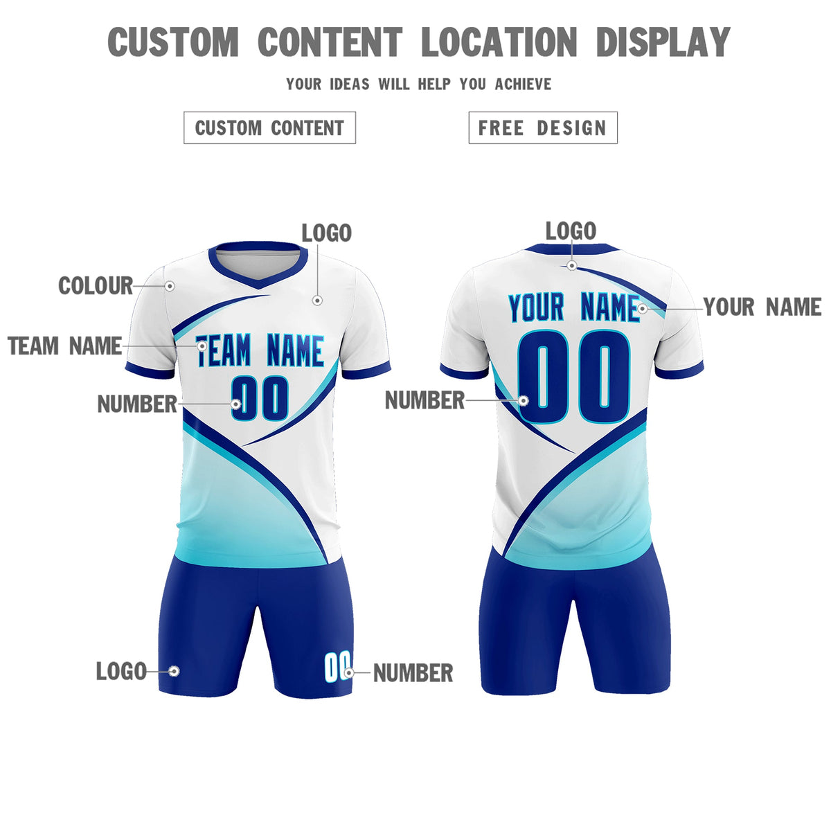 Custom White Sky Blue Color Block Training Uniform For Men Football Kits Jersey