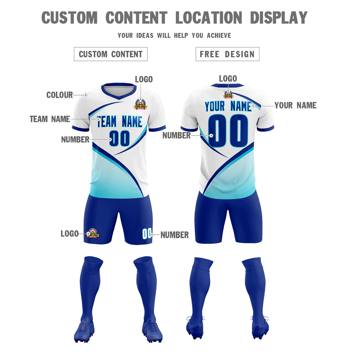 Custom White Sky Blue Color Block Training Uniform For Men Football Kits Jersey