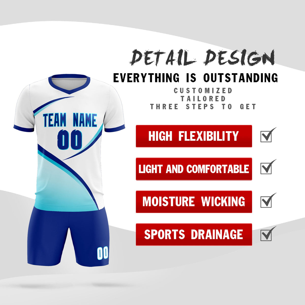 Custom White Sky Blue Color Block Training Uniform For Men Soccer Sets Jersey
