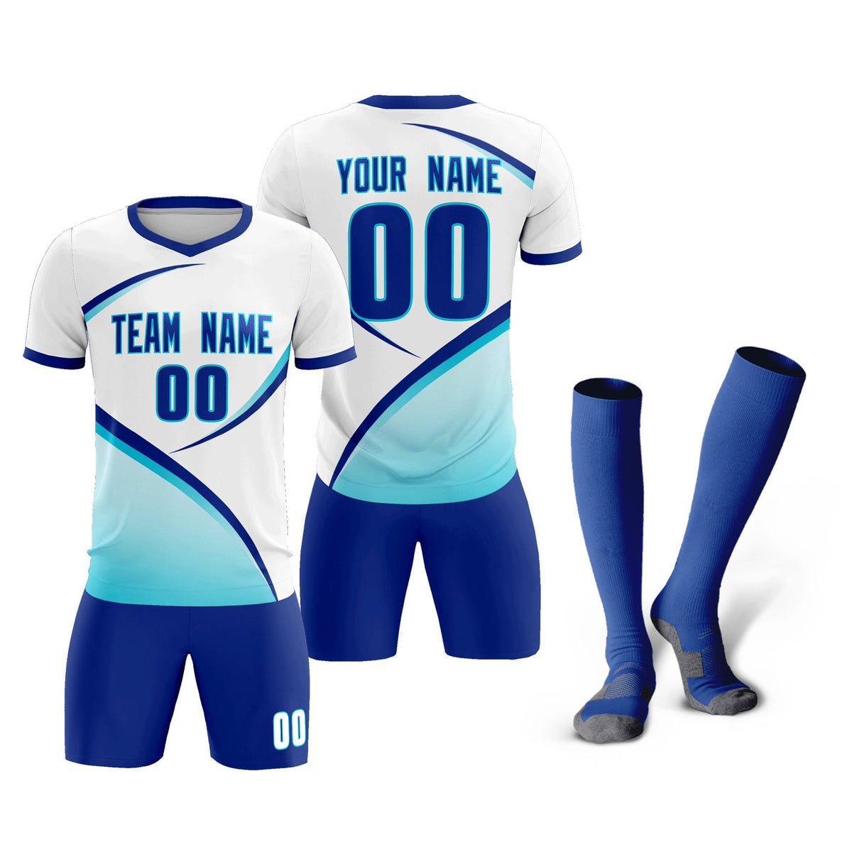 Custom White Sky Blue Color Block Training Uniform For Men Football Kits Jersey