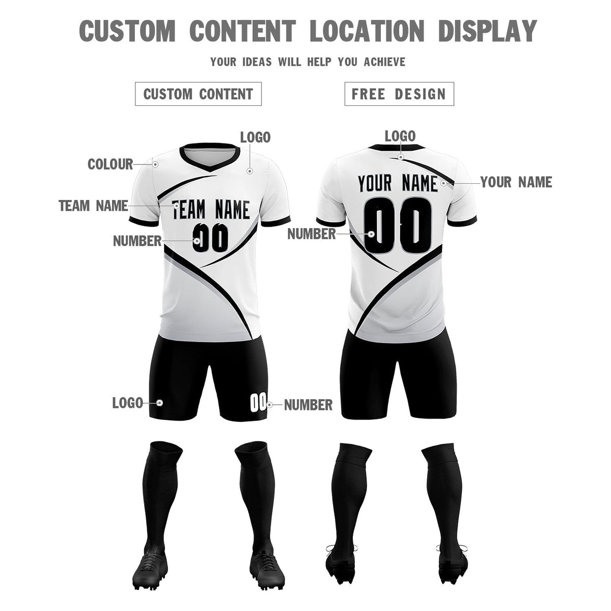 Custom White Black Color Block Training Uniform For Men Soccer Sets Jersey