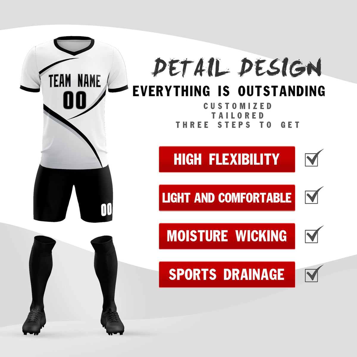 Custom White Black Color Block Training Uniform For Men Football Kits Jersey