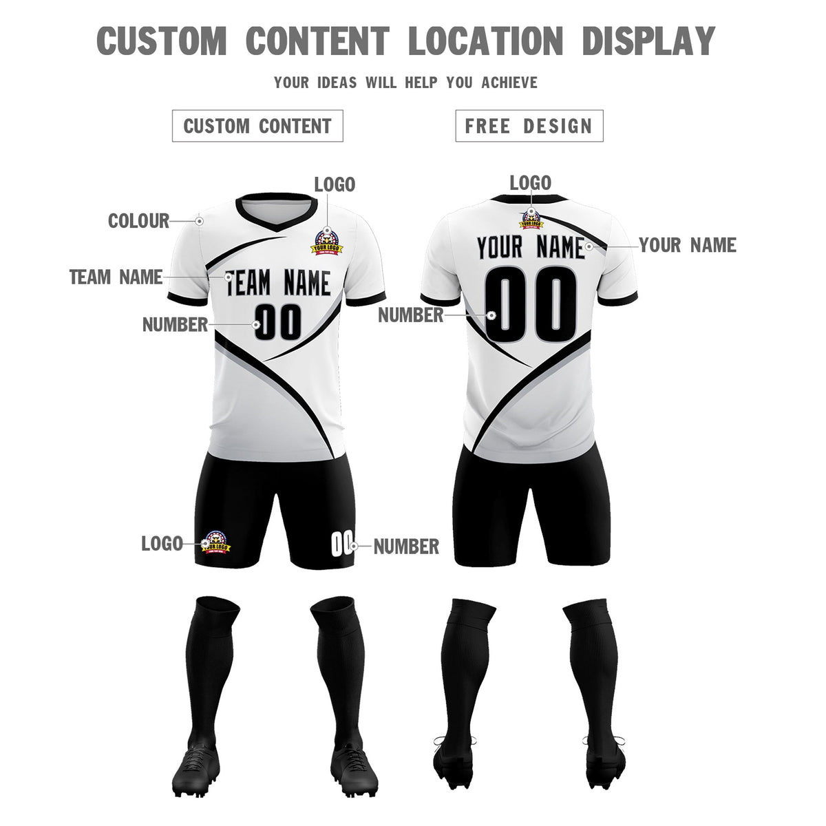 Custom White Black Color Block Training Uniform For Men Football Kits Jersey