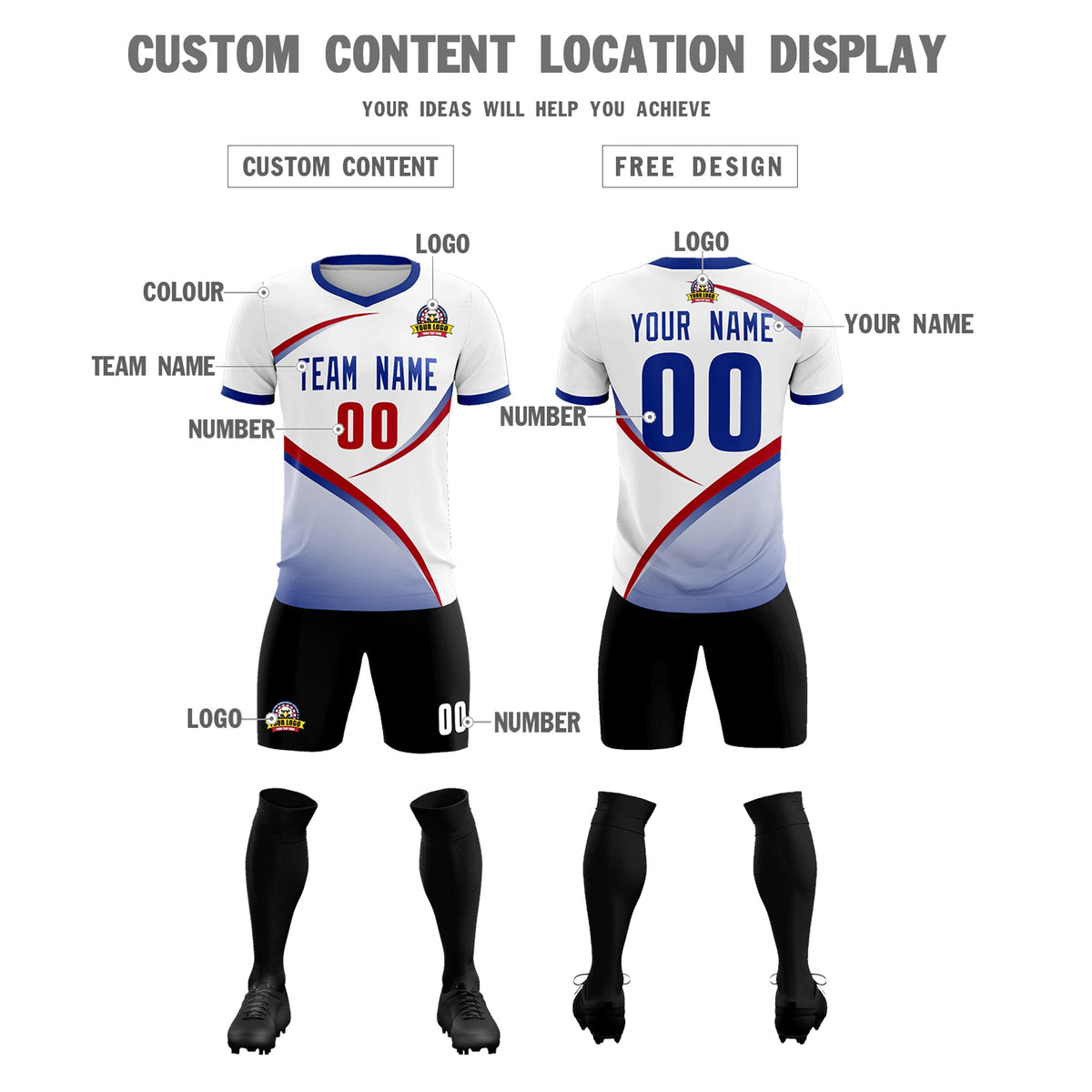 Custom White Royal Color Block Training Uniform For Men Football Kits Jersey