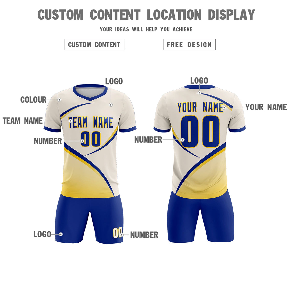 Custom Cream Royal Color Block Training Uniform For Men Football Kits Jersey