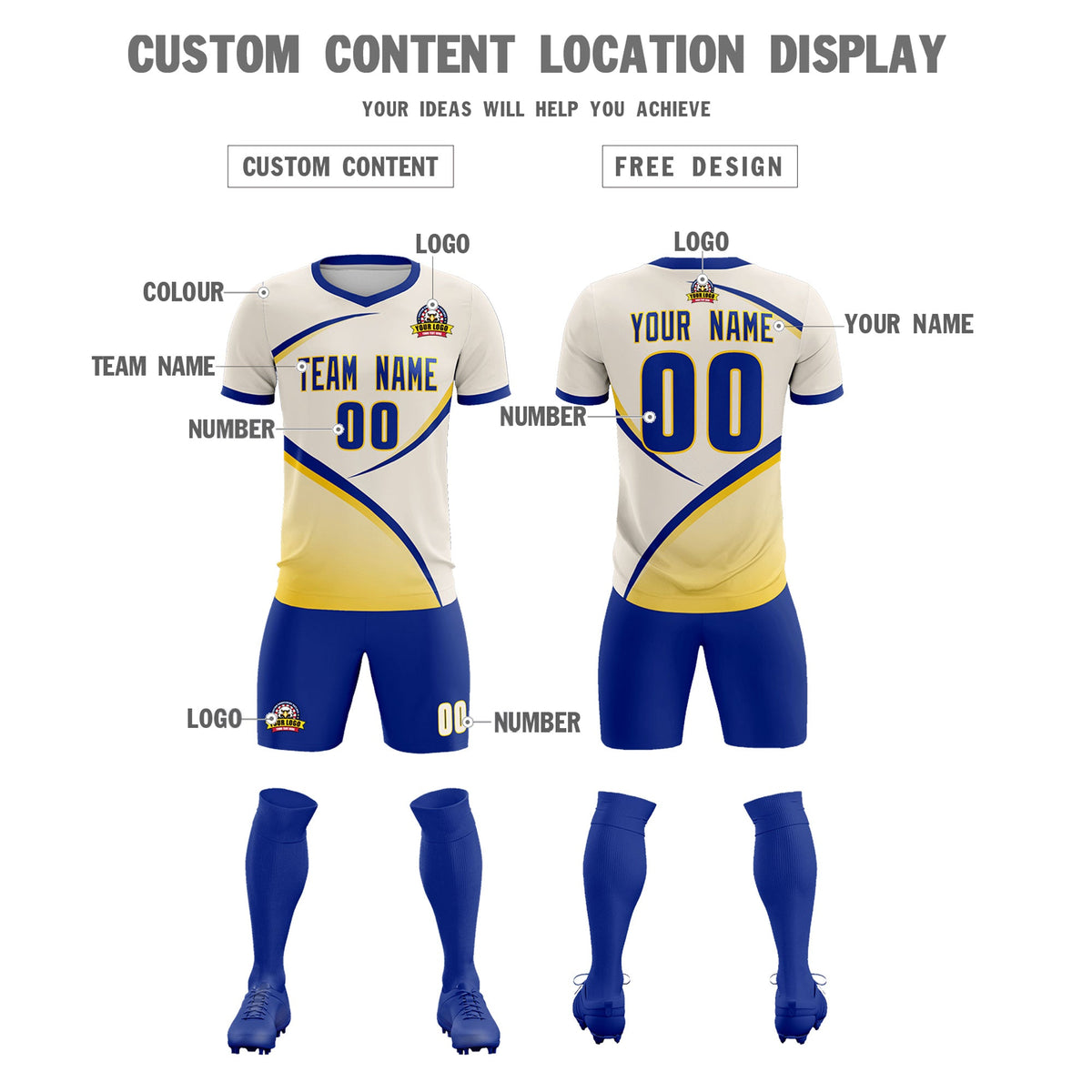 Custom Cream Royal Color Block Training Uniform For Men Football Kits Jersey