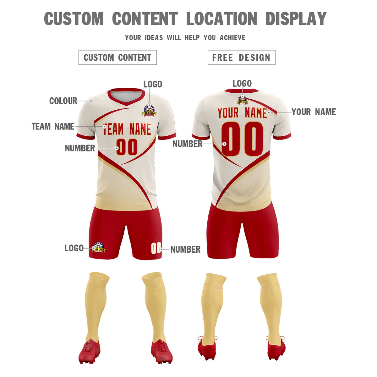 Custom Cream Red Color Block Training Uniform For Men Football Kits Jersey