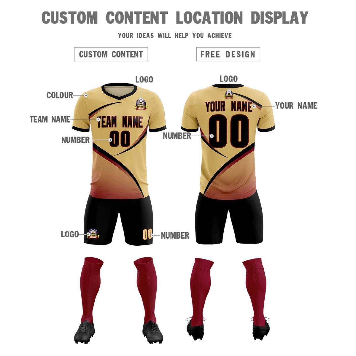 Custom Khaki Black Color Block Training Uniform For Men Football Kits Jersey
