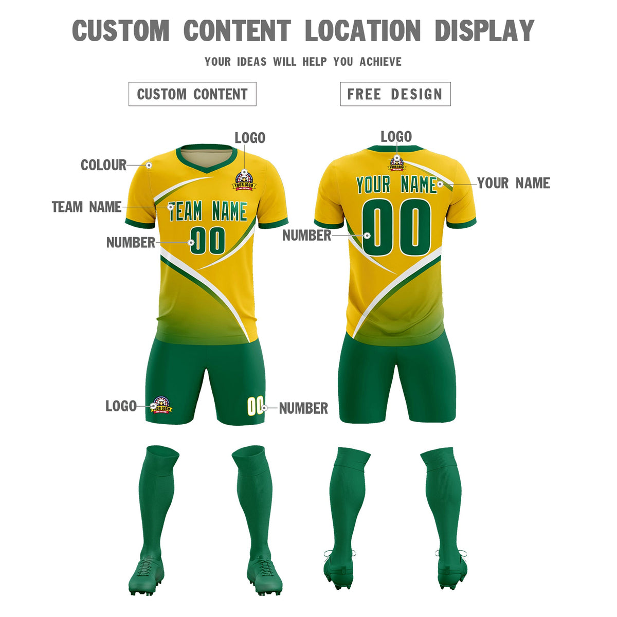 Custom Gold Kelly Green Color Block Training Uniform For Men Soccer Sets Jersey