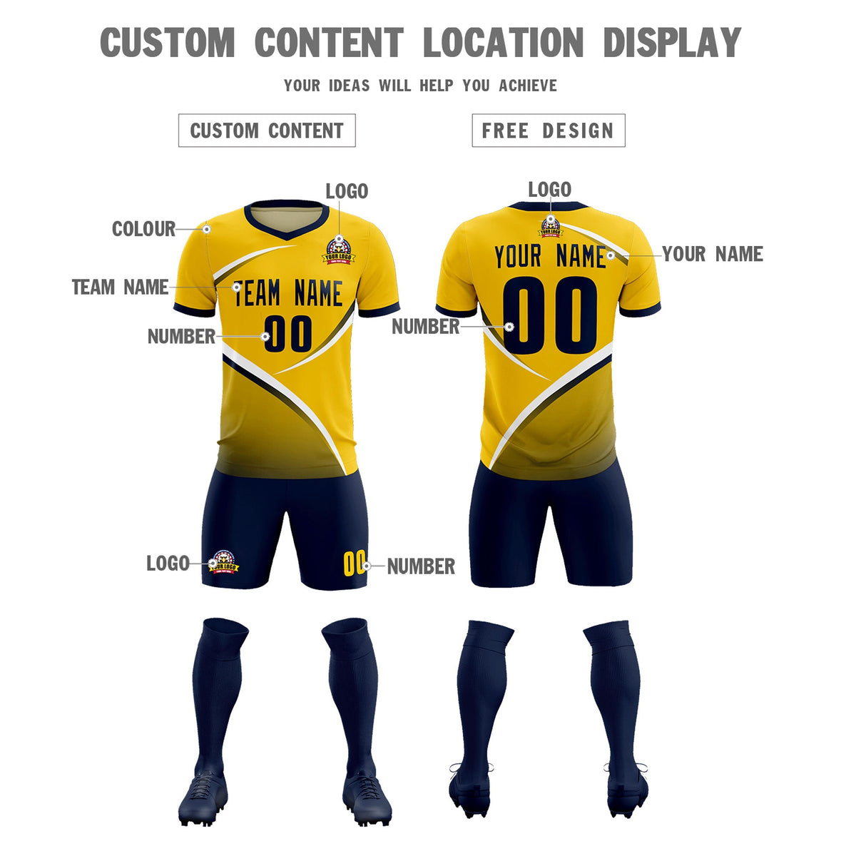 Custom Gold Navy Color Block Training Uniform For Men Soccer Sets Jersey