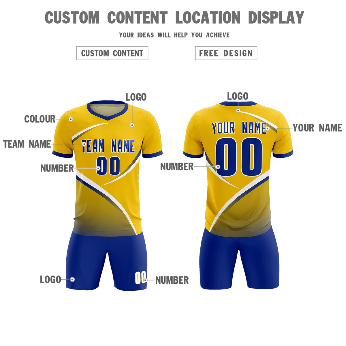 Custom Gold Royal Color Block Training Uniform For Men Soccer Sets Jersey