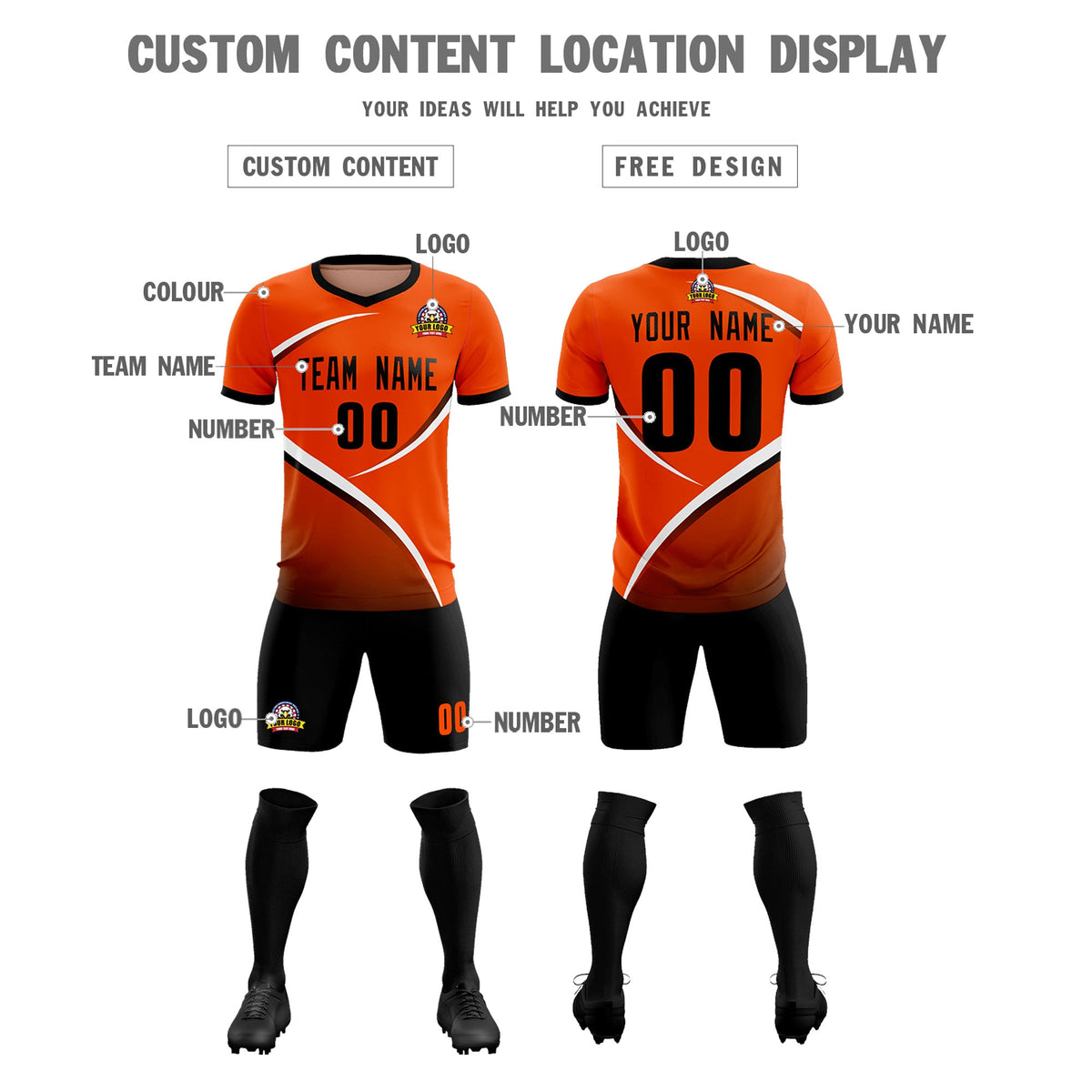 Custom Orange Black Color Block Training Uniform For Men Soccer Sets Jersey