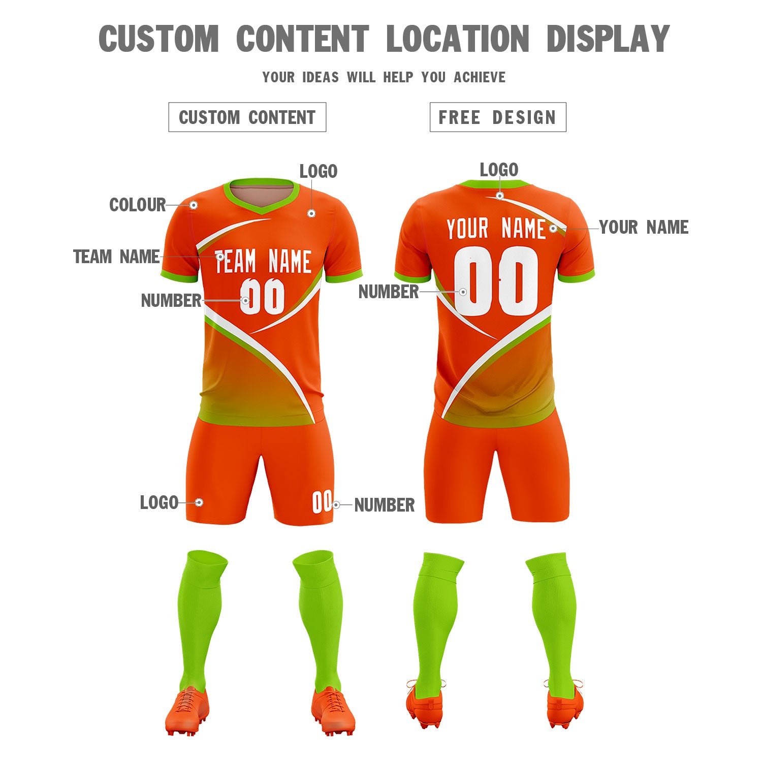 Custom Orange Neon Green Color Block Training Uniform For Men Soccer Sets Jersey