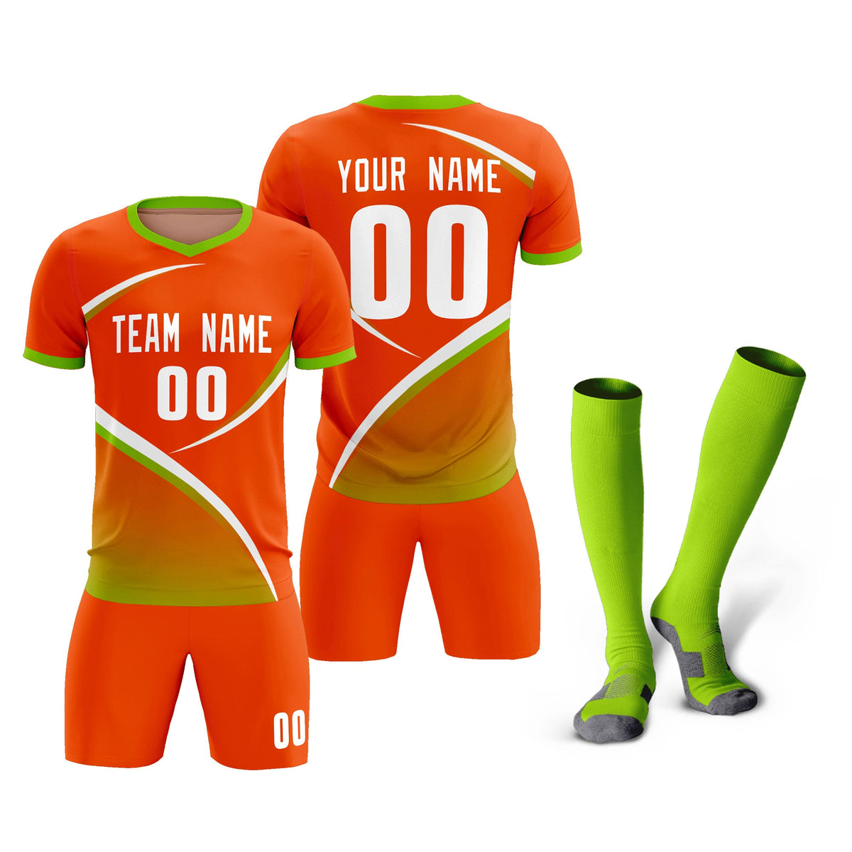 Custom Orange Neon Green Color Block Training Uniform For Men Soccer Sets Jersey