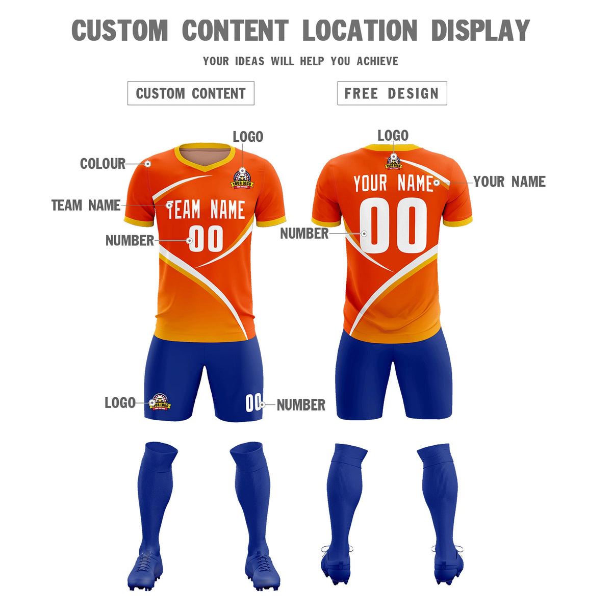 Custom Orange Gold Color Block Training Uniform For Men Soccer Sets Jersey
