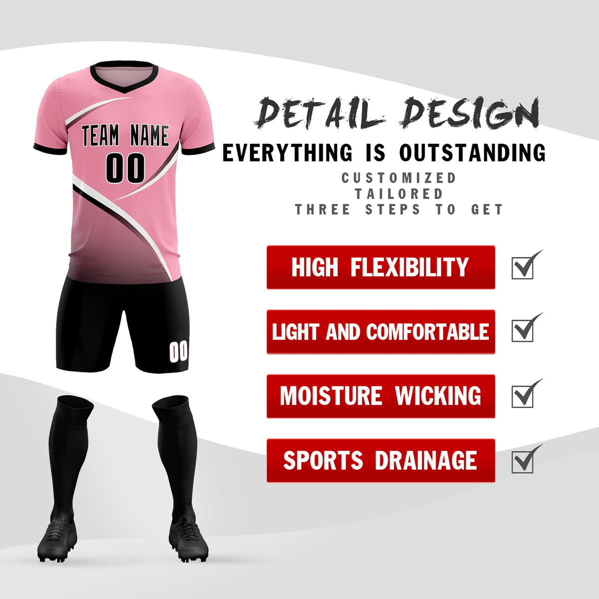 Custom Light Pink Black Color Block Training Uniform For Men Football Kits Jersey