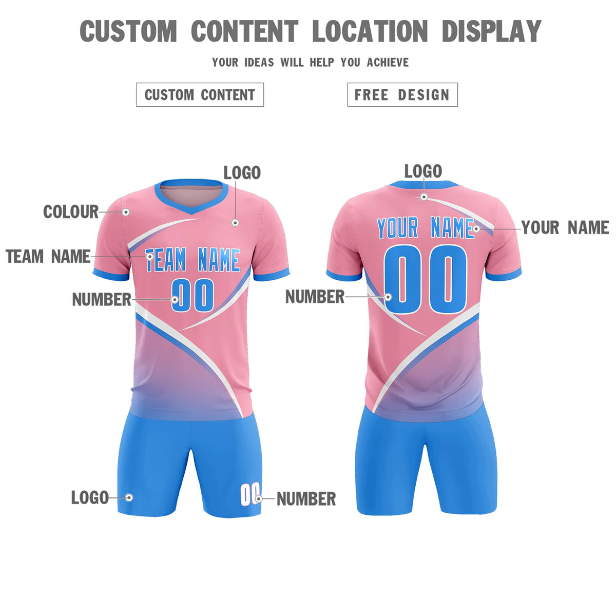 Custom Light Pink Powder Blue Color Block Training Uniform For Men Football Kits Jersey