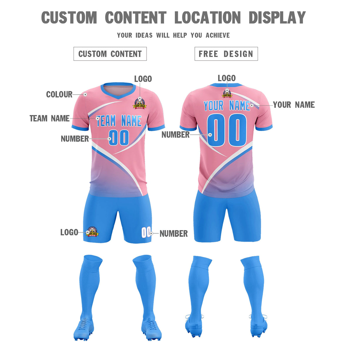 Custom Light Pink Powder Blue Color Block Training Uniform For Men Football Kits Jersey