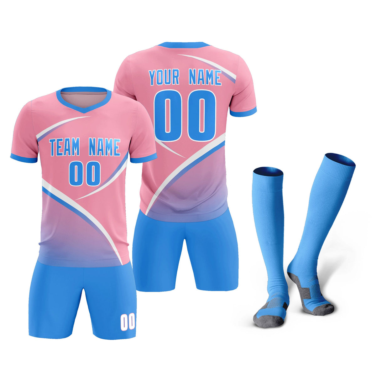 Custom Light Pink Powder Blue Color Block Training Uniform For Men Football Kits Jersey