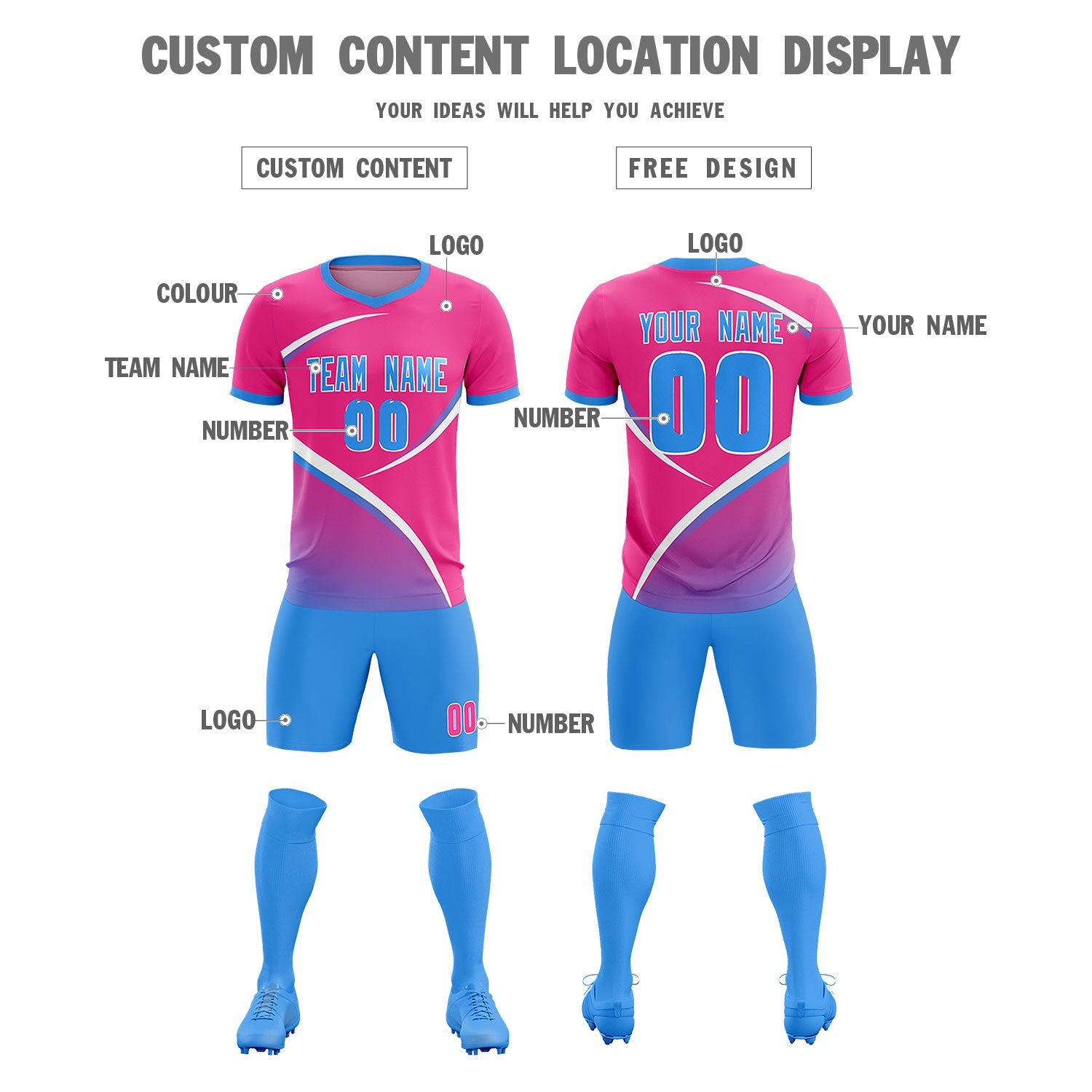Custom Pink Powder Blue Color Block Training Uniform For Men Soccer Sets Jersey