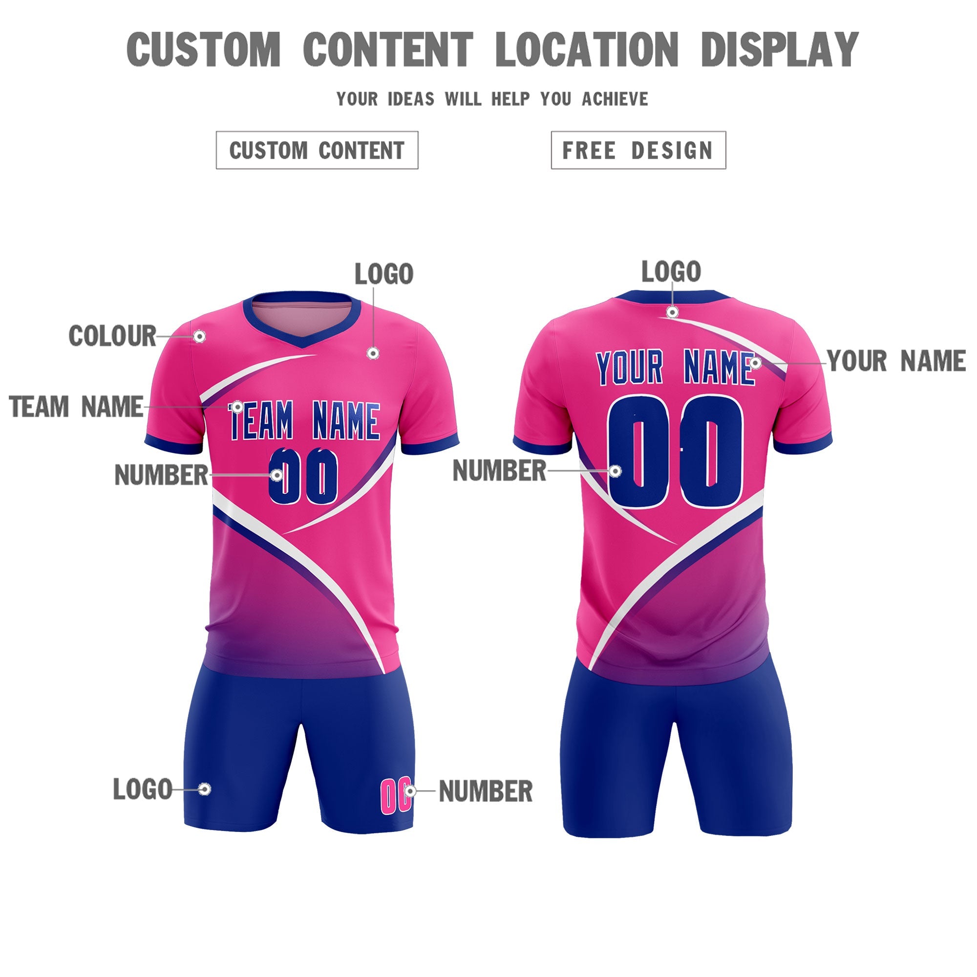 Custom Pink Royal Color Block Training Uniform For Men Soccer Sets Jersey