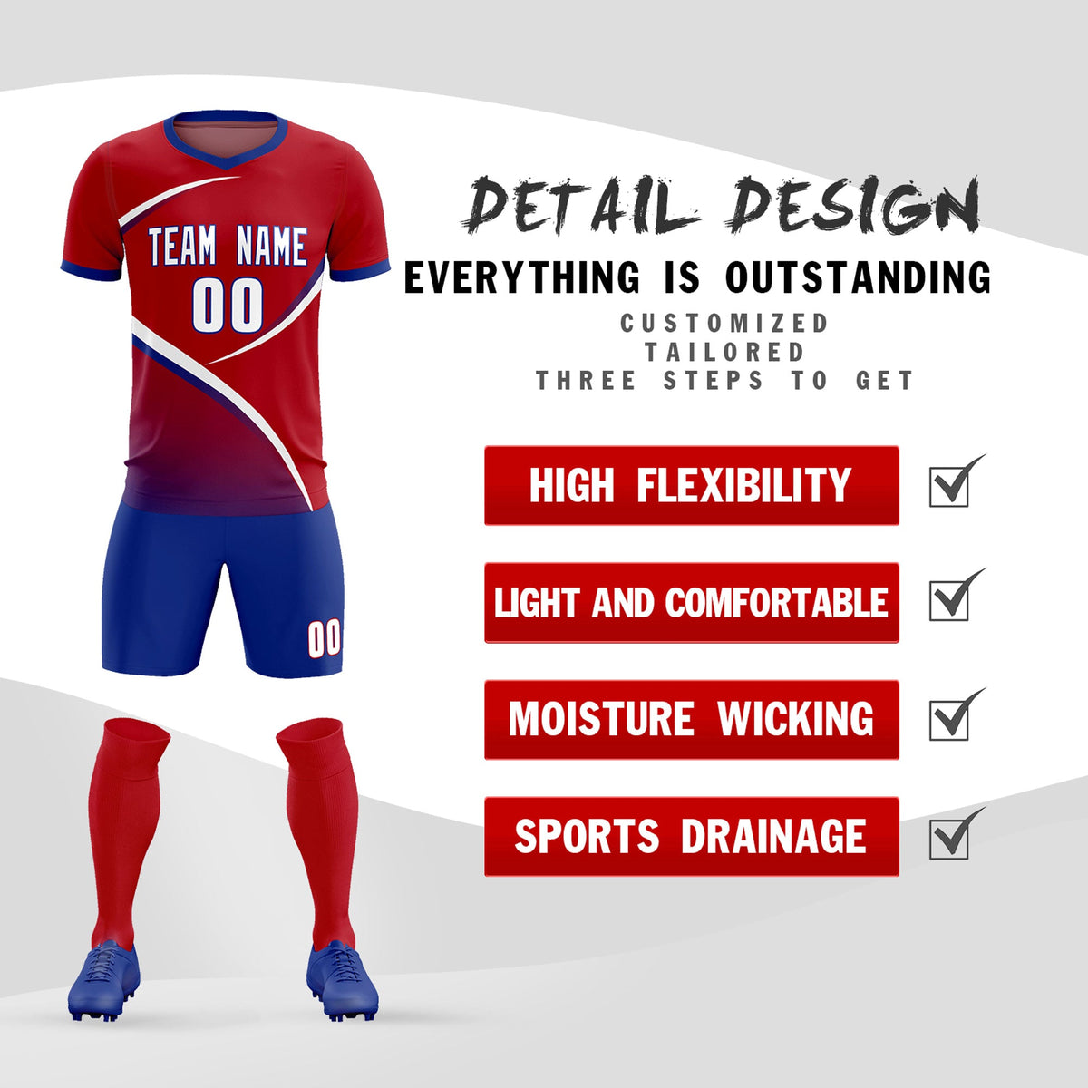 Custom Red Royal Color Block Training Uniform For Men Football Kits Jersey