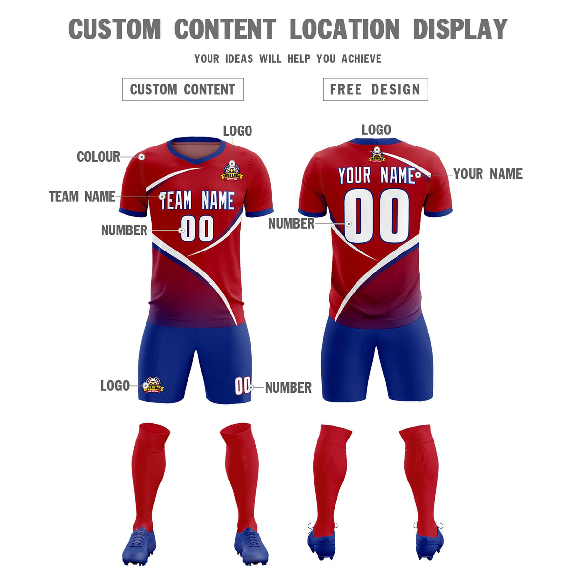 Custom Red Royal Color Block Training Uniform For Men Football Kits Jersey