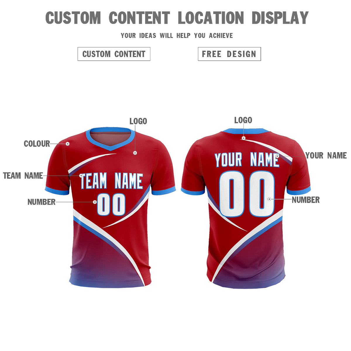 Custom Red Powder Blue Color Block Training Uniform For Men Football Kits Jersey