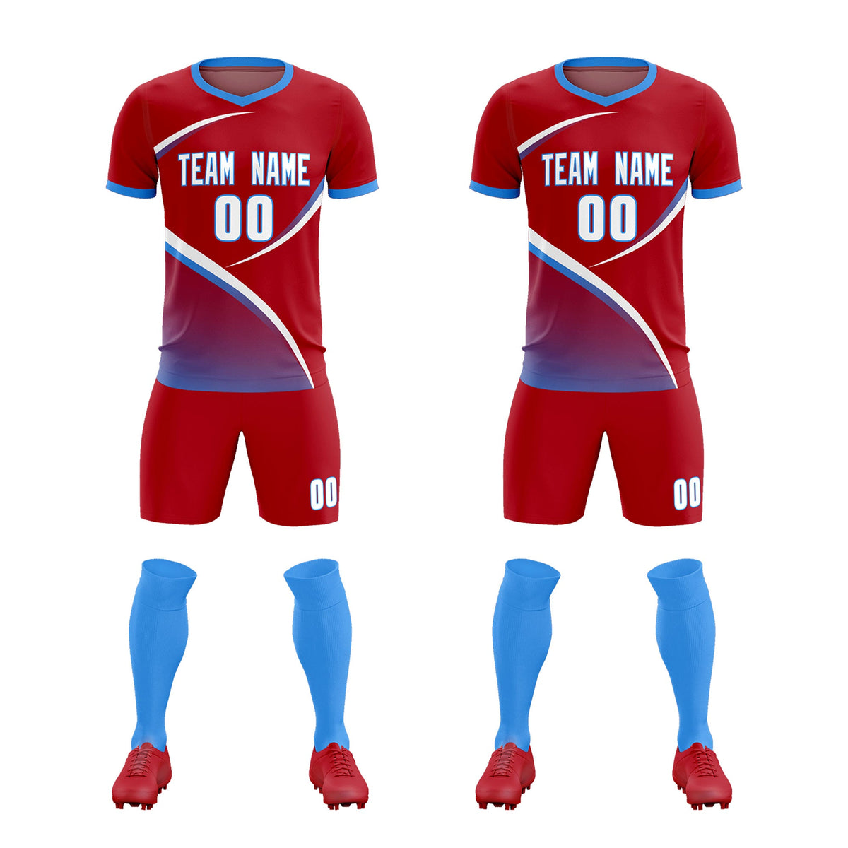 Custom Red Powder Blue Color Block Training Uniform For Men Football Kits Jersey