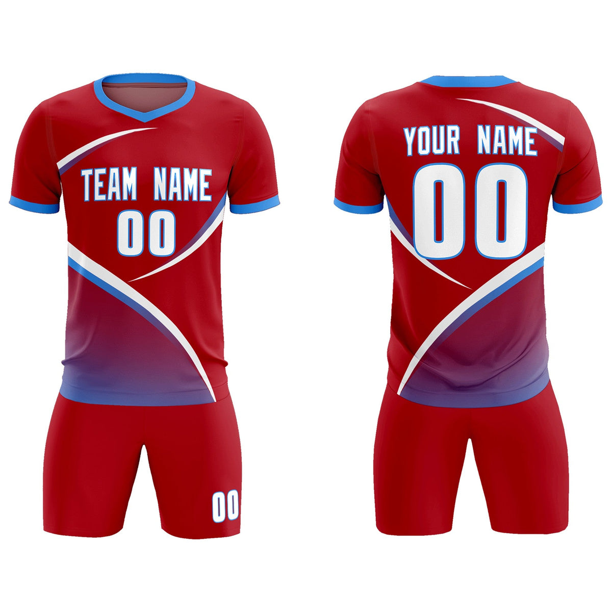 Custom Red Powder Blue Color Block Training Uniform For Men Football Kits Jersey