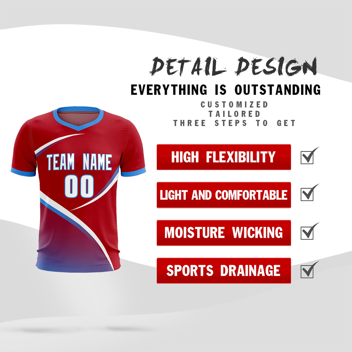 Custom Red Powder Blue Color Block Training Uniform For Men Football Kits Jersey