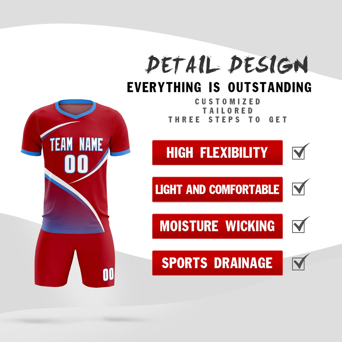 Custom Red Powder Blue Color Block Training Uniform For Men Football Kits Jersey