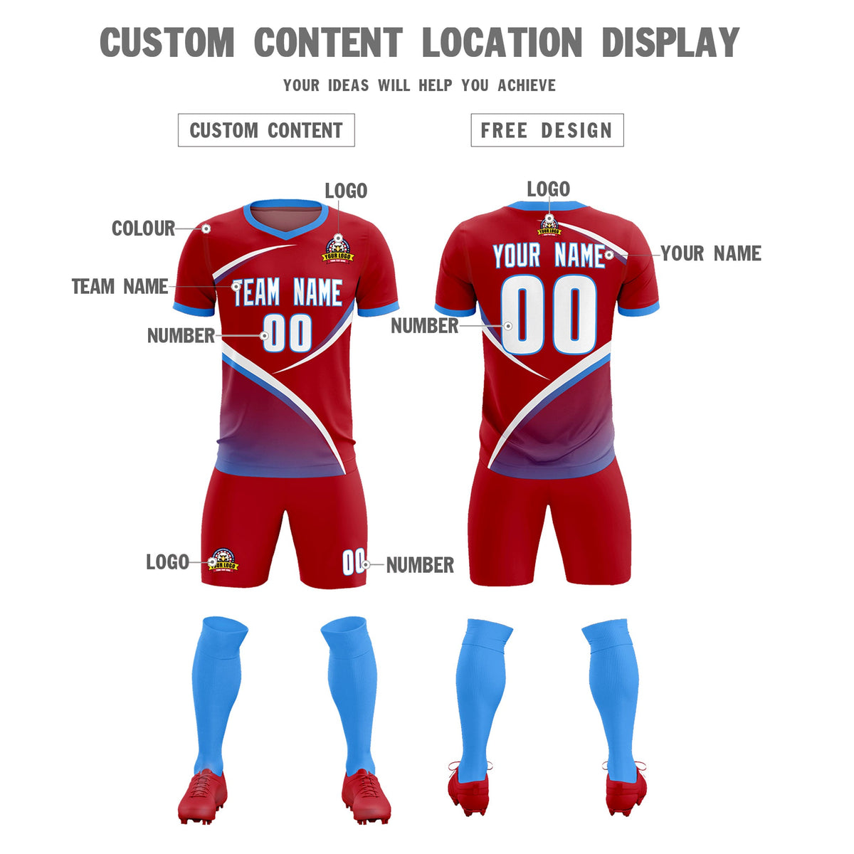 Custom Red Powder Blue Color Block Training Uniform For Men Football Kits Jersey