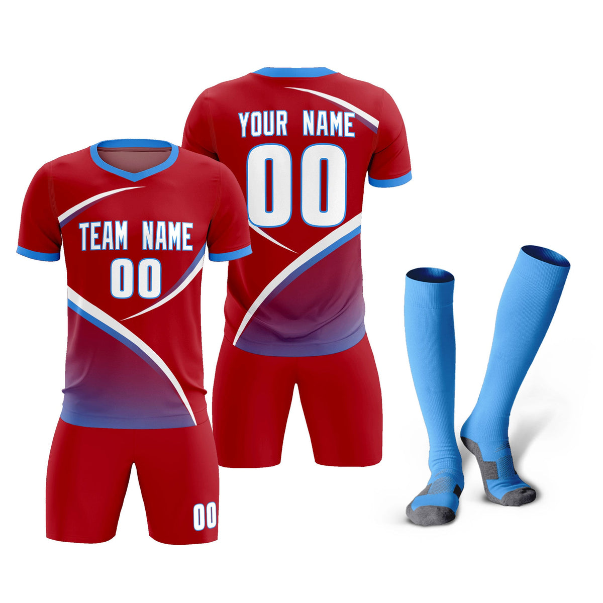 Custom Red Powder Blue Color Block Training Uniform For Men Football Kits Jersey